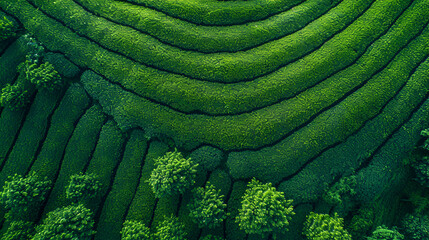 Tea field green plantation agriculture background top leaf farm landscape pattern drone. Organic field mountain green plant tea table view wooden product aerial display farmer wood fresh harvest land.