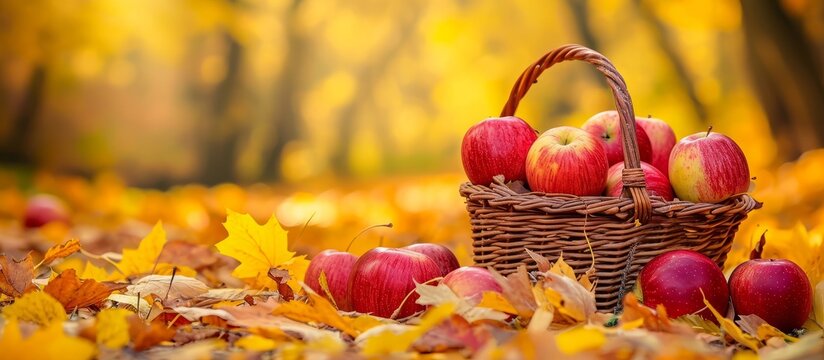 Fall-themed scene featuring a basket of red apples and maple leaves in a park surrounded by yellow foliage.