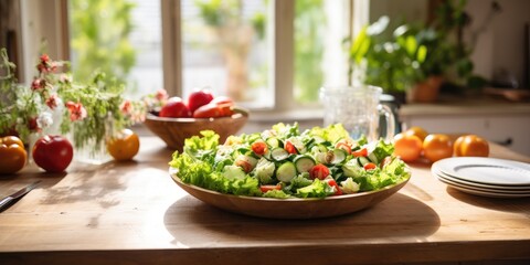 Interior photo of a traditional kitchen table with salad vegetables.
