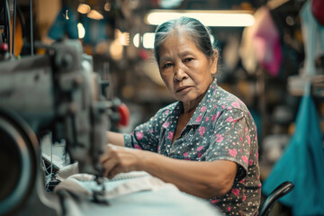 Concentrated seamstress working with sewing machine in textile factory. Craftsmanship and industry.