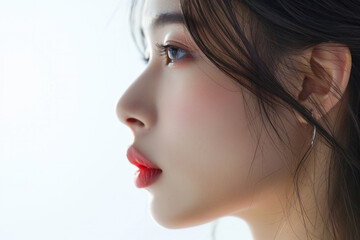 Fototapeta premium Profile of young woman with natural makeup and clear skin. Beauty and skincare.
