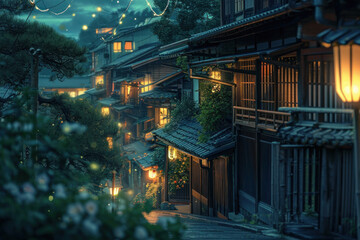 Traditional Japanese street with illuminated lanterns at dusk. Historical architecture.