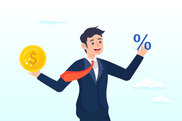 Businessman holding dollar money coin and percentage, lending, mortgage or loan interest rate, financial credit, economy growth or income tax calculation, debt or financial credit, investment (Vector)