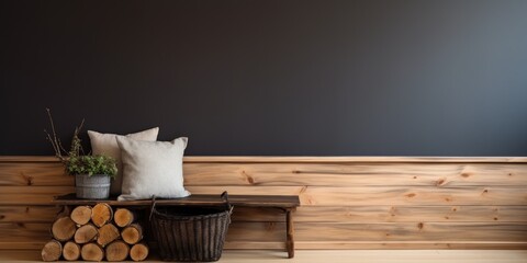 Corner of room has wooden bench with black basket holding fir and firewood beneath it.