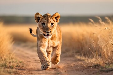 Lion cub walking, portrait of wild animals in natural. 