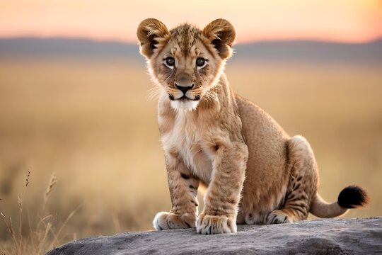 Lion cub sitting, portrait of wild animals in natural. africa