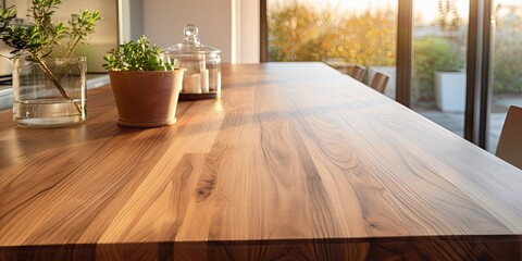 Wood-grained table in natural kitchen setting