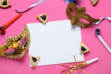 Blank card with carnival masks, hamantaschen cookies and party whistles for Purim holiday on pink...