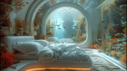 Incredible futuristic underwater bedroom, big panoramic view of the tropical fishes and reef. Generative AI.