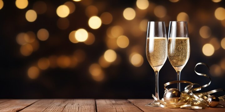 Sparkling wine with bubbles on wooden table, perfect for New Year's.
