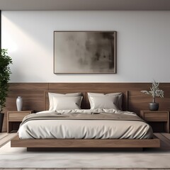 wooden frame mockup in a modern dark wood color bed room