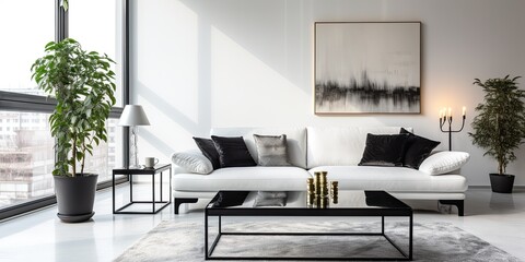 Modern living room in white-walled apartment featuring black sofa and glass coffee table.