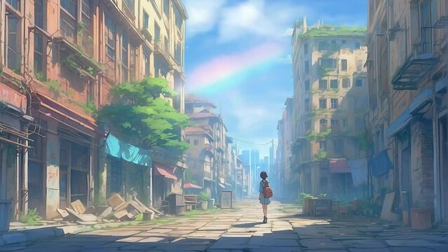 A girl standing in the middle of the ruins of an abandoned city. Bright morning after the destruction of the city. Seamless 4K video looping animation. City ruins in cartoons or anime
