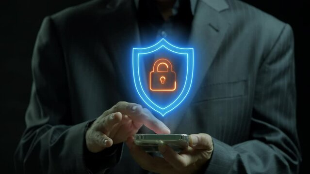 Businessman showing glowing neon line of padlock shield animated icon. Secure service, protect data, cyber shield, antivirus solution, internet safety, firewall system, privacy concept.