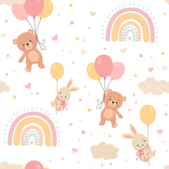 Cute bunny and bear flying with balloon in clouds. Baby rabbit and bear with rainbow. Vector cartoon seamless pattern on white for fabric, nursery wallpaper