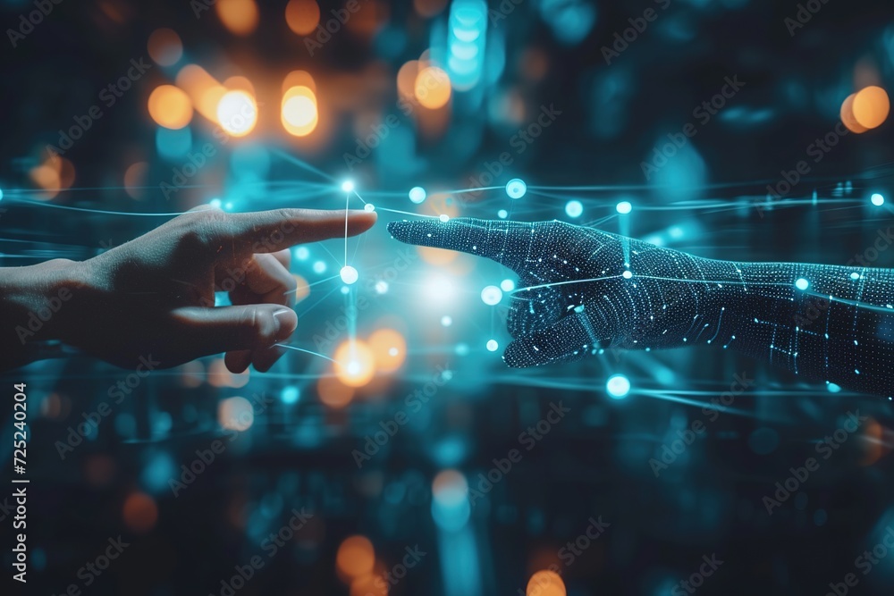 Poster businessman and ai navigating digital interface, pushing a button on a virtual touch screen, illustr
