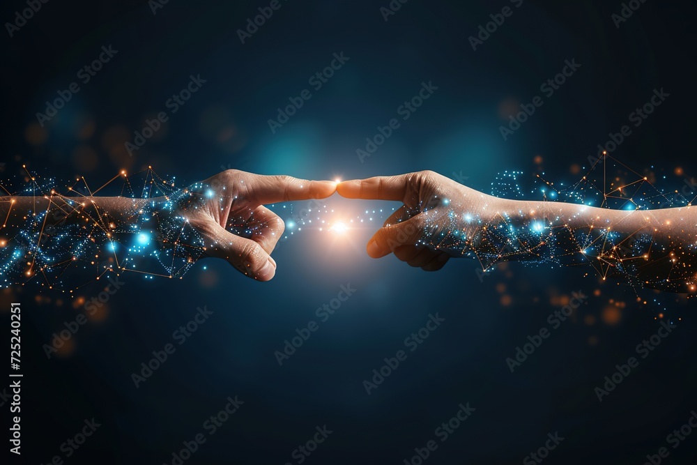 Poster businessman navigating digital interface, pushing a button on a virtual touch screen, illustrating t
