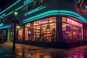 Neon lights outlining the edges of a retro-inspired sci-fi bookstore, where futuristic literature...