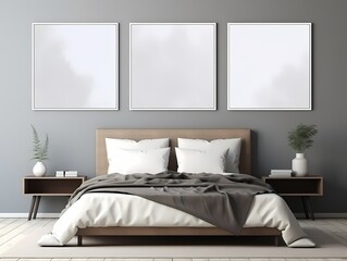 3 wooden frames mockup in a modern and cozy minimalist bedroom 