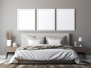 3 wooden frames mockup in a modern and cozy minimalist bedroom 