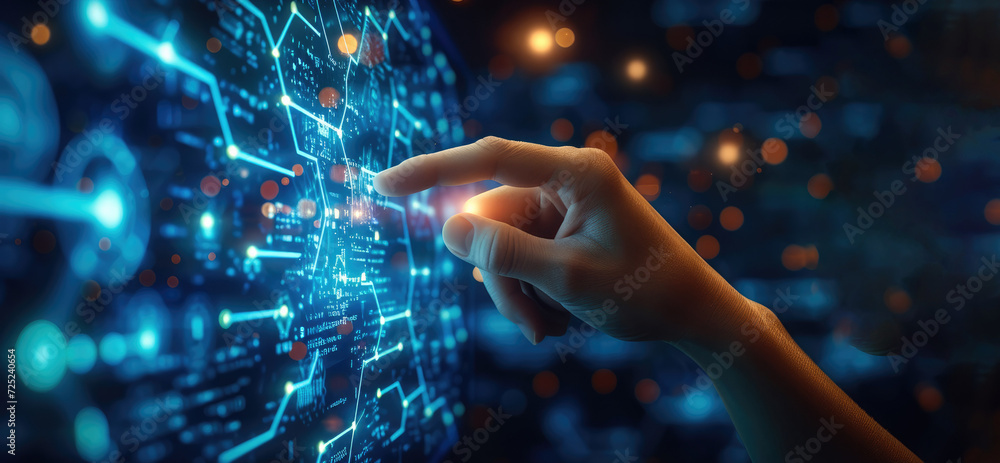 Aufkleber hand pointing to digital images on the screen, in the style of abstract structures, navy and azure, 