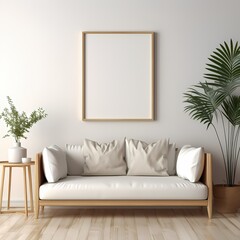 warm color wooden frame mockup in a modern and cozy minimalist living room with large sofa