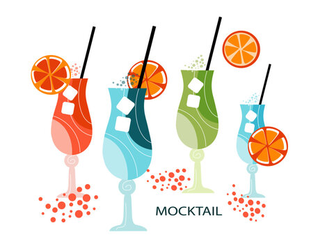 Mocktail with orange. Non-alcoholic cocktail with citrus fruits and mint. Beach kitchen. Cool summer drinks. Vector illustration in the flat style.