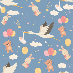 Cute stork flies and carries newborn baby in clouds. Cute bunny and bear flying with balloon. Vector cartoon seamless pattern on blue for fabric, nursery wallpaper