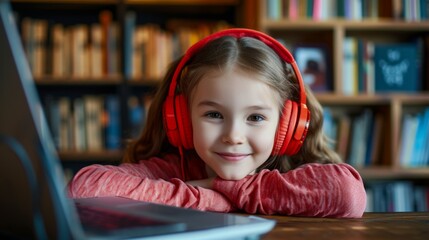 Smiling little girl in headphones has video call distant class with teacher using laptop, study online on computer, homeschooling concept