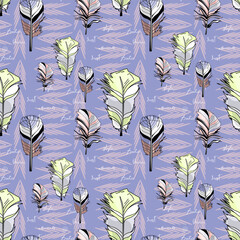 Seamless pattern with retro abstractions and feathers. Pattern from multi-colored elements. For printing, printing on fabric, sportswear