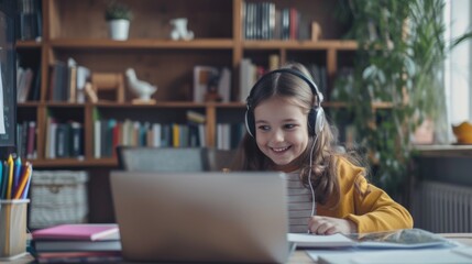 Smiling little girl in headphones has video call distant class with teacher using laptop, study online on computer, homeschooling concept