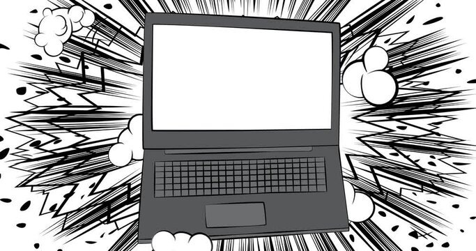 Cartoon Laptop, comic book Notebook video. Retro comics pop art design animation.