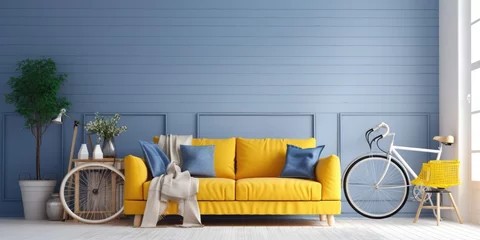 Foto op Plexiglas Bright living room with a yellow and blue painting on a white wall, grey cupboard, gold lamp, sofa with blanket and pillows, and a bike under window blinds. © Vusal