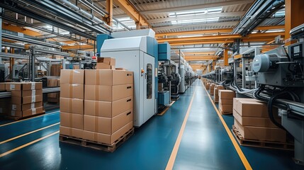 Meter injection molding factory, A injection molding machines are located with stacks of cardboard boxes are neatly piled. Generative AI. - obrazy, fototapety, plakaty