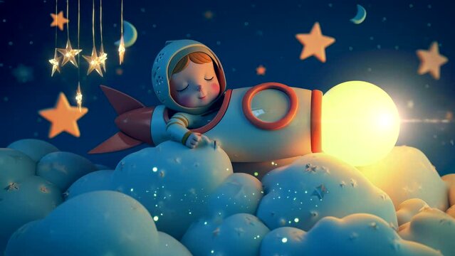 Lullaby For Babies video template looping  cute baby astronaut sleep on cloud, relax and nice dream on night 4k quality	
