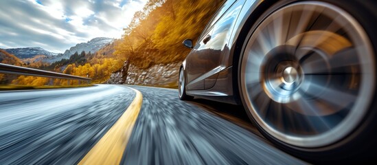 Car driving on a mountain road with a low angle, wheel in focus and natural motion blur.