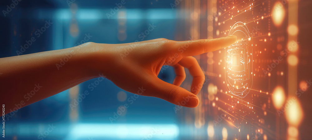 Aufkleber hand touch the screen of security icon, in the style of shaped canvas, modern. generative ai.