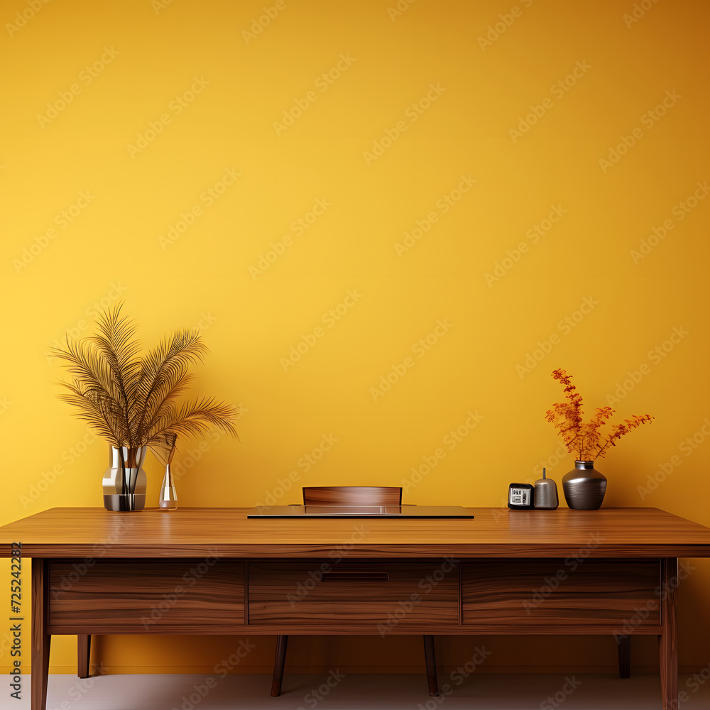 Wall mural wooden brown office table in yellow room