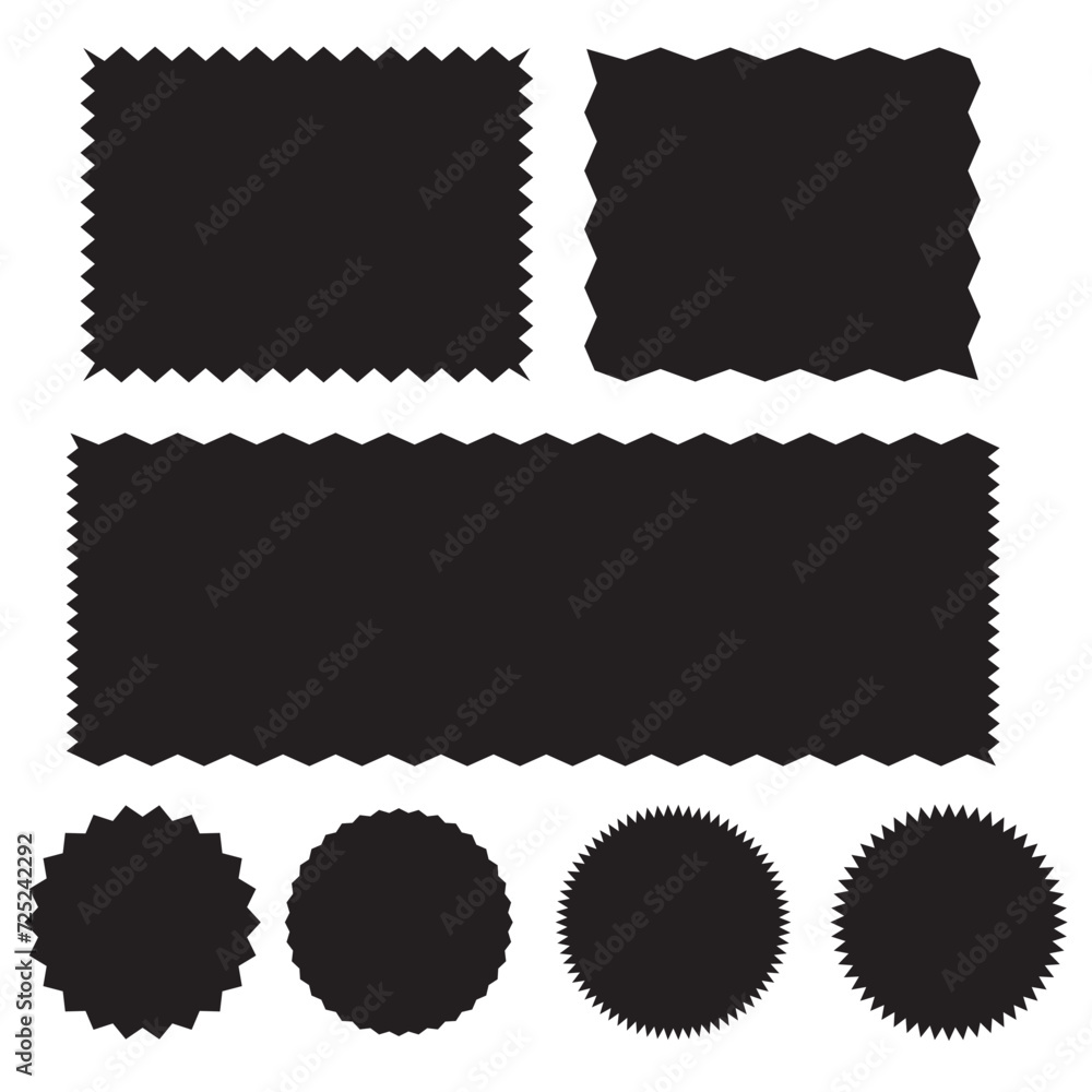Poster zig zag edge square and circle shapes collection. jagged patches set. black graphic design elements 