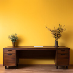 wooden brown office table in yellow room