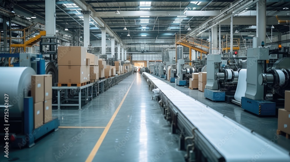 Poster inside the factory of a printing company, processed packages are lined up. generative ai.