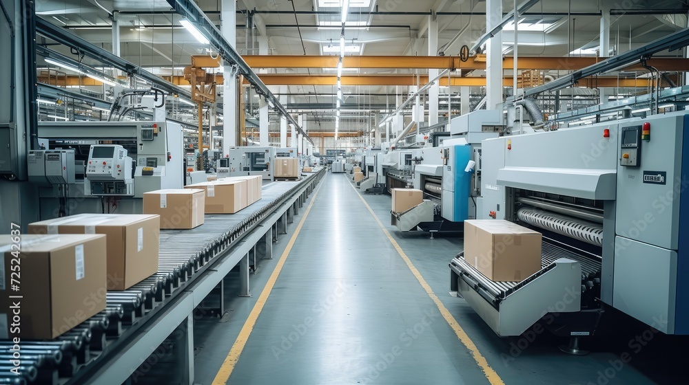 Poster inside the factory of a printing company, processed packages are lined up. generative ai.