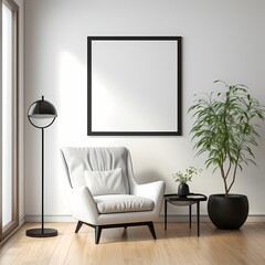 black modern frame mockup in a modern and cozy minimalist living room