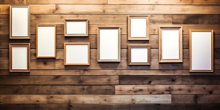 Empty picture frames on a wooden backdrop, room to add your photos.