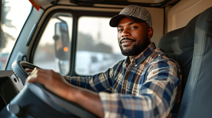 Professional black truck driver coming to work.