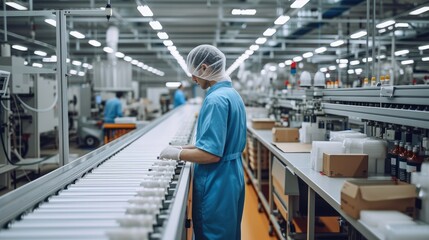 Worker behind a production line in an open room. Generative AI.