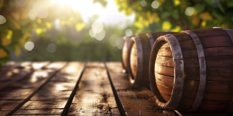 wine barrels sitting on a wooden table, generative AI