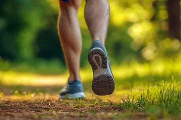Keuken spatwand met foto close-up of legs in running shoes jogging in the park, summer green lifestyle background © Marina Shvedak