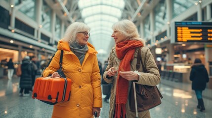 Obraz premium Two older colorful pretty women standing in airport with luggage. Generative AI.