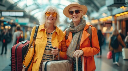 Fototapeta premium Two older colorful pretty women standing in airport with luggage. Generative AI.